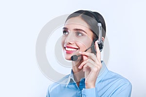 Woman customer service worker, call center smiling operator with phone headset