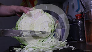 Woman cuts and chops white cabbage with a knife in the kitchen