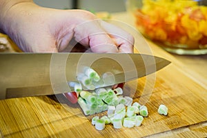 A woman cuts fresh spring onions on a cutting board. Cooking.