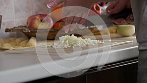 Woman cuts onions on a wooden board. slow motion