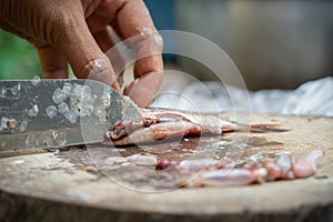 A woman is cutting the belly the fish and taking away the intestines,  Which may have parasites in it, than washing by clean water