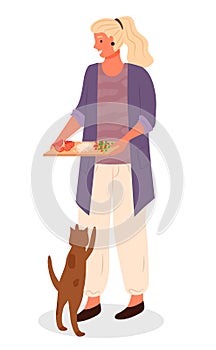 Woman with Cutting Board, Cat Beg Food from Owner