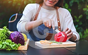 A woman cutting and chopping red bell pepers by knife on wooden board with mixed vegetables in a tray