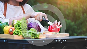 A woman cutting and chopping red bell pepers by knife on wooden board with mixed vegetables in a tray