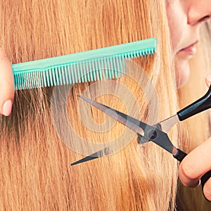 Woman cutting down smoothy hair.