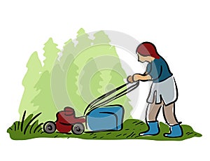 Woman cutting grass with lawn mower