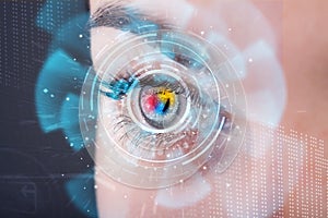 Woman with cyber technology eye panel