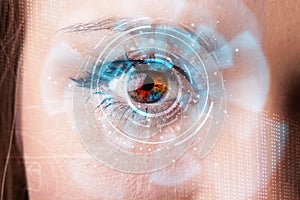 woman with cyber technology eye panel concept