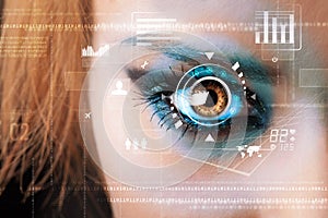 woman with cyber technology eye panel concept