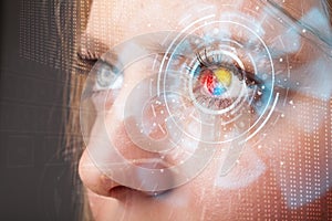 Woman with cyber technology eye panel concept