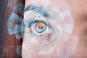 woman with cyber technology eye panel concept