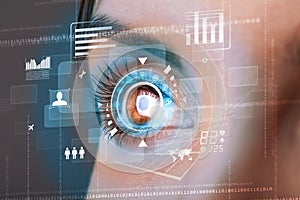 woman with cyber technology eye panel concept