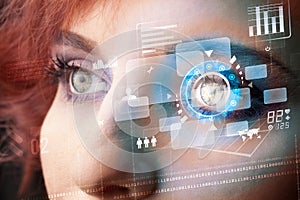 woman with cyber technology eye panel concept
