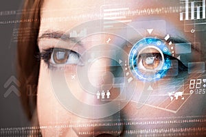 Woman with cyber technology eye panel concept