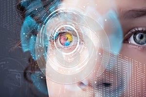 woman with cyber technology eye panel concept