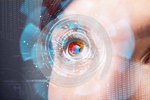 Woman with cyber technology eye panel concept