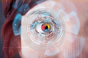 Woman with cyber technology eye panel concept