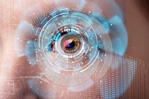 woman with cyber technology eye panel concept