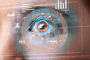 Woman with cyber technology eye panel concept