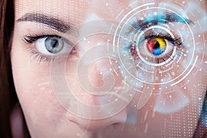 woman with cyber technology eye panel concept