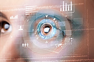 woman with cyber technology eye panel concept