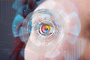 Woman with cyber technology eye panel concept