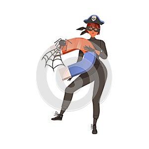 Woman Cybercriminal Wearing Black Mask Holding Magnet Committing Network and Computer Crime Harming Security and