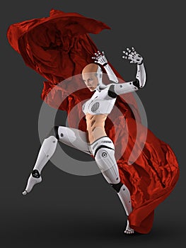 Woman cyborg dancing with a red cloth 3d illustration