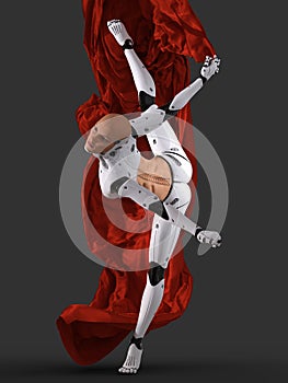 Woman cyborg dancing with a red cloth 3d illustration