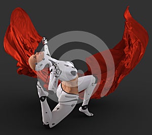 Woman cyborg dancing with a red cloth 3d illustration