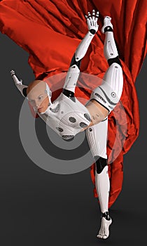 Woman cyborg dancing with a red cloth 3d illustration