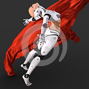 Woman cyborg dancing with a red cloth 3d illustration