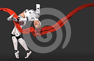 Woman cyborg dancing with a red cloth 3d illustration