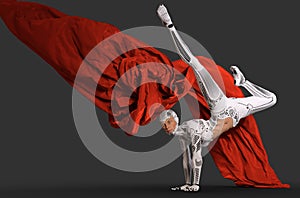 Woman cyborg dancing with a red cloth 3d illustration