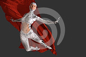 Woman cyborg dancing with a red cloth 3d illustration