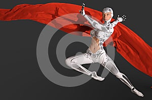 Woman cyborg dancing with a red cloth 3d illustration