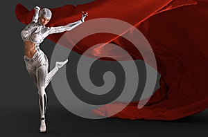 Woman cyborg dancing with a red cloth 3d illustration
