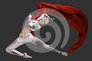 Woman cyborg dancing with a red cloth 3d illustration