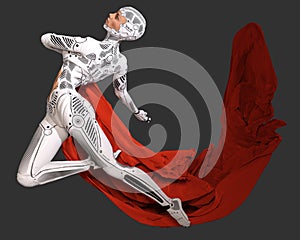 Woman cyborg dancing with a red cloth 3d illustration