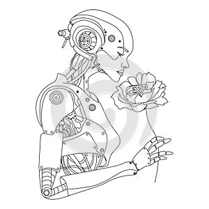 Woman cyborg or robot with AI holding a live flower. AI technology concept. Future technology vector illustration