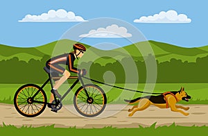 Woman cycling bikejoring with her dog