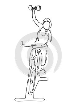 Woman at cycling class exercise bike spinning fitness continuous line vector illustration