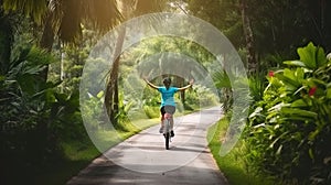 A Woman Cycling on a Tropical Park Trail, Embracing the Summer Vibes. Generative AI