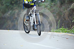 Woman cyclist riding mountain bike on forest trail