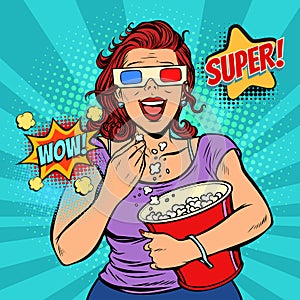 Woman in 3D glasses watching a movie, smiling and eating popcorn