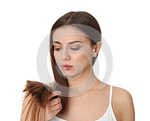 Woman with damaged hair on white background