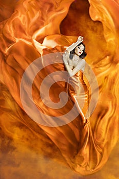 Woman Dance Fire, Fashion Girl Orange Dress Dancing Fabric