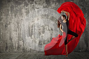 Woman Dance with Red Silk Fabric, Modern Sport Ballet Dancer and Fluttering Waving Cloth, Dancing Girl Studio Portrait