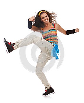 Woman dancer kicking and dancing