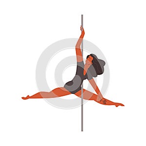 Woman dancing acrobatic dance on pole flat vector illustration isolated.